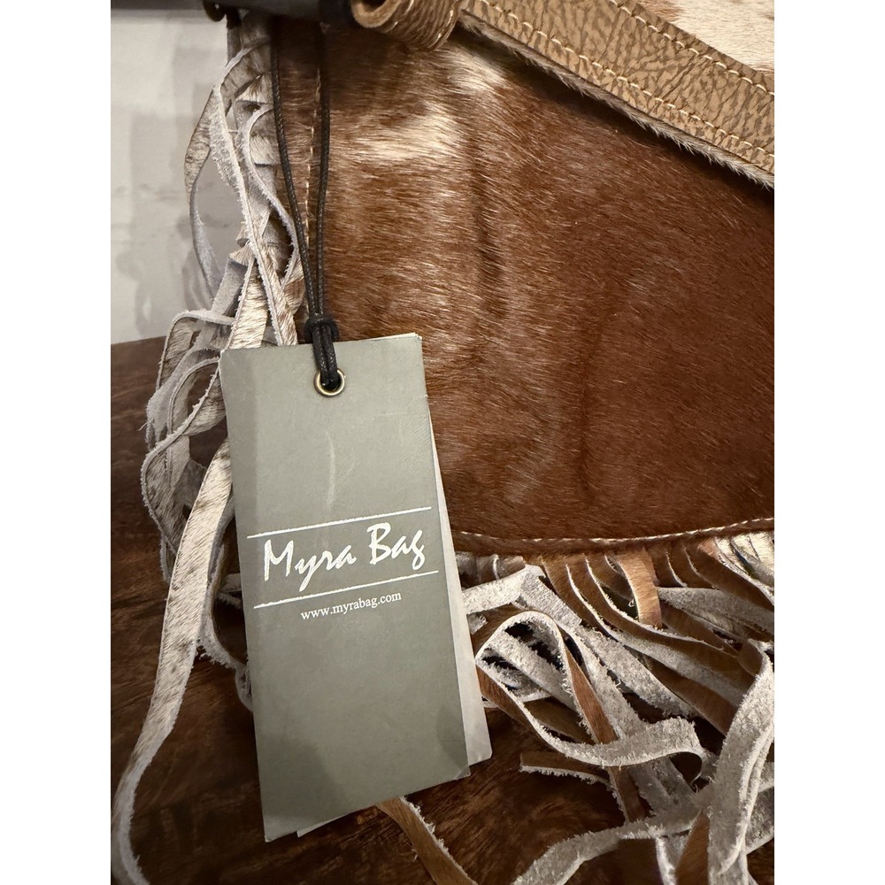 Myra Leather Cowhide Crossbody Bag with Fringe Boho Western Style - Picture 2 of 5
